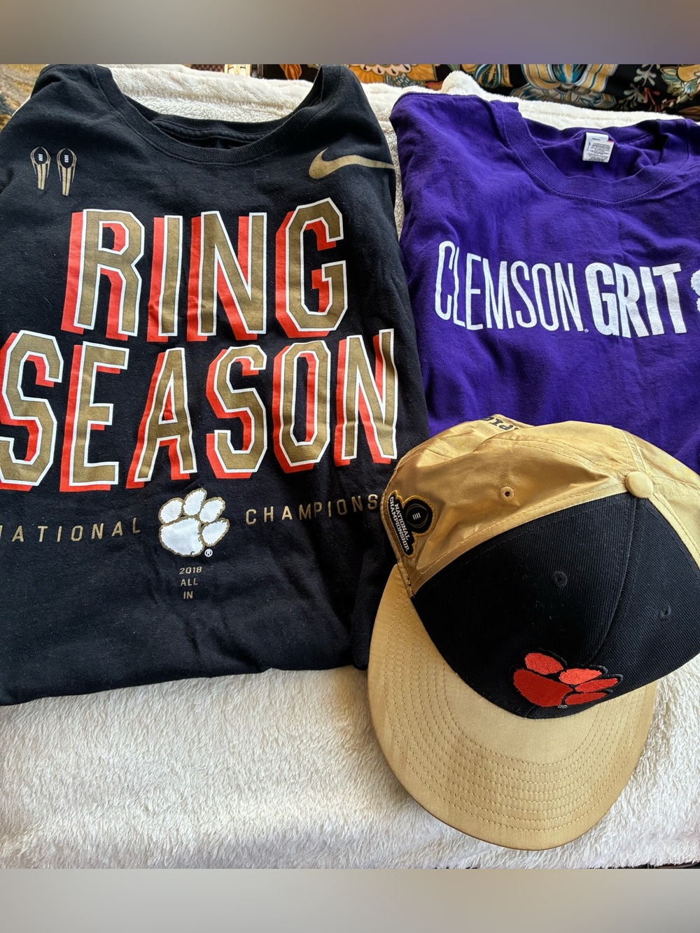 Clemson Tigers Hat/TShirts Combo, 2016 Champs Hat, 2018 Champs Tee, Purple Grit